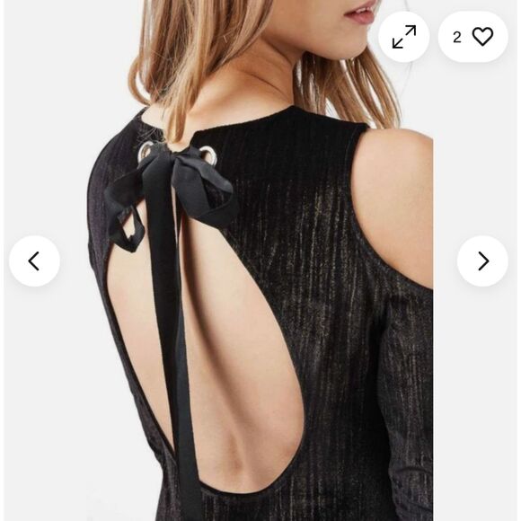 NWT Topshop Cold Shoulder Velvet Metallic Romantic Black Mini Dress Size 6 - Picture 3 of 9